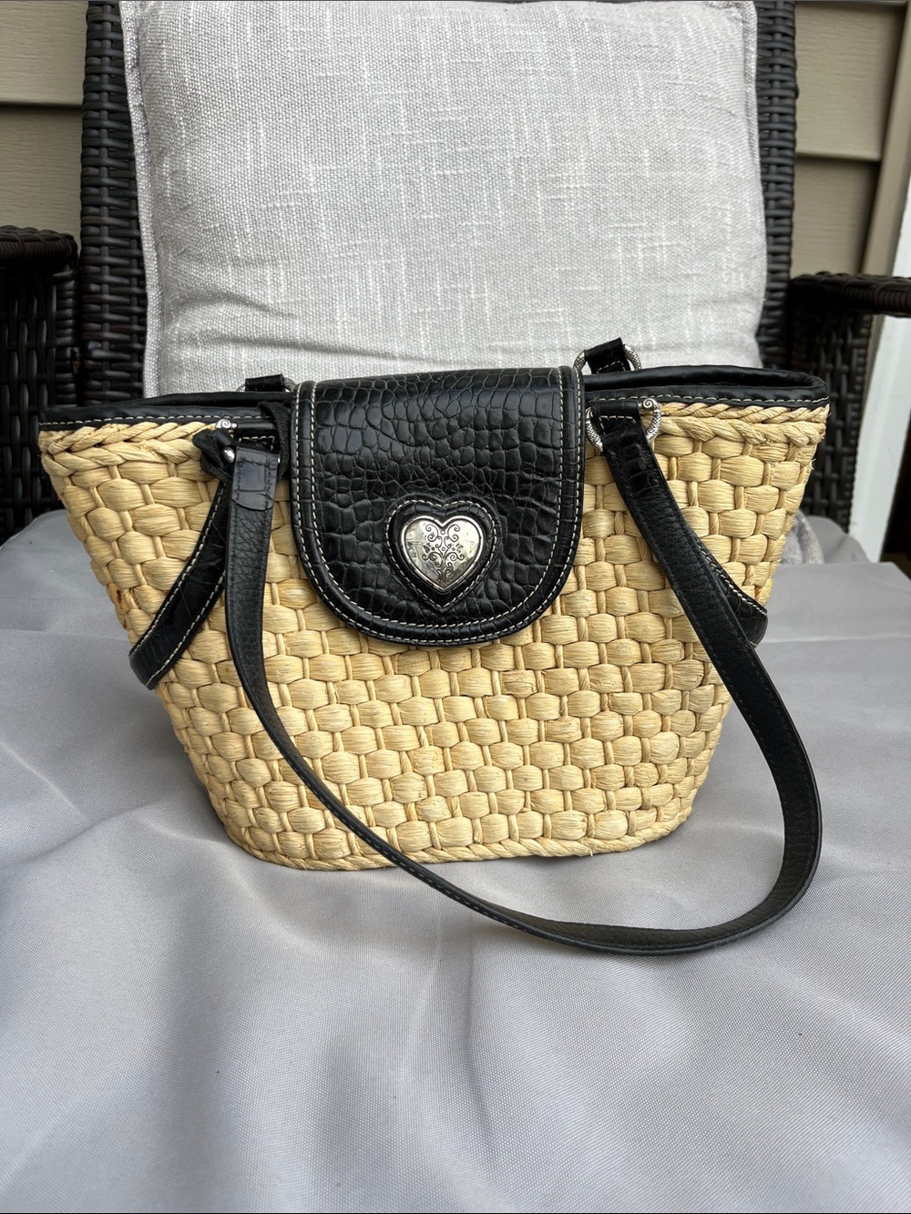 Brighton Natural Straw Tote with Black Trim and Heart Medallion